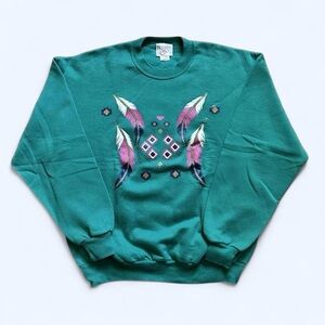 Vintage 1990s Teal Sweatshirt with Native American Feather Design XL
